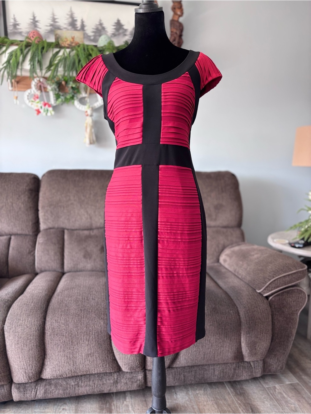 Joseph Ribkoff Red and Black Paneled Textured Midi Dress